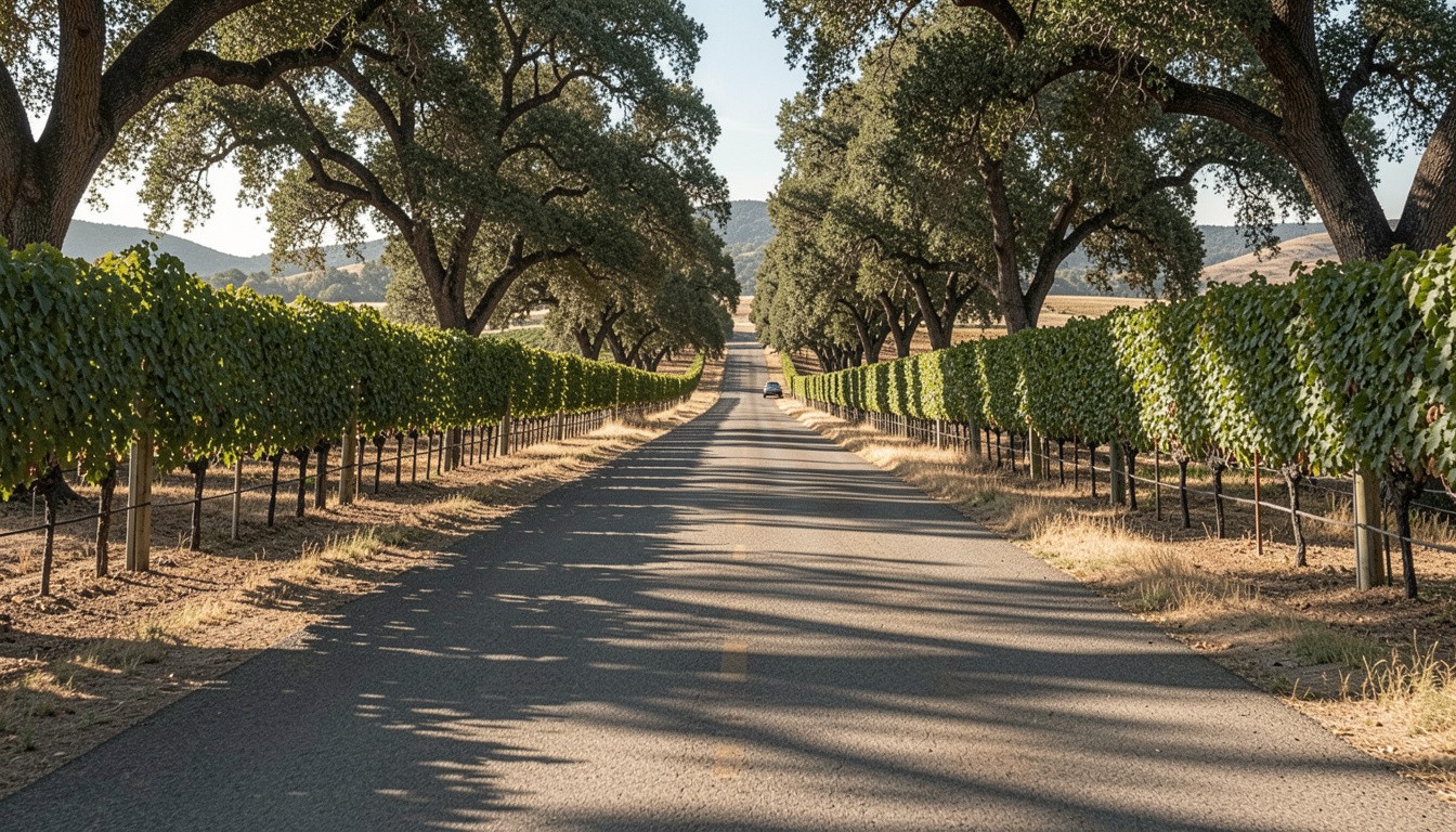 Early afternoon drive along Silverado Trail in Napa Valley with vineyards and oak trees, reflecting the relaxed rhythm of a weekday retirement trip.