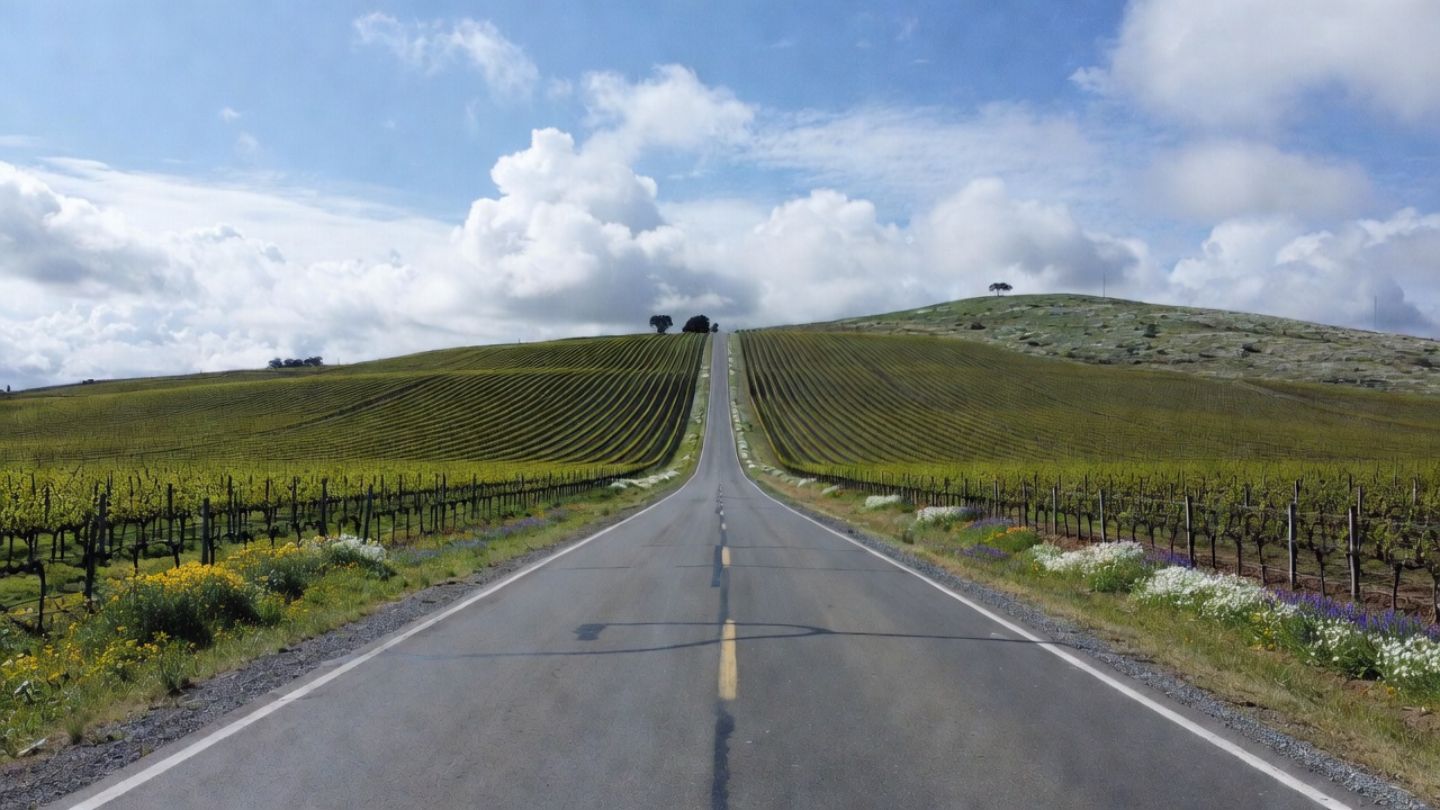 Spring wildflowers blooming along Silverado Trail in Napa Valley, with vineyards and rolling hills creating a scenic drive often enjoyed by visitors from the Peninsula during wildflower season.