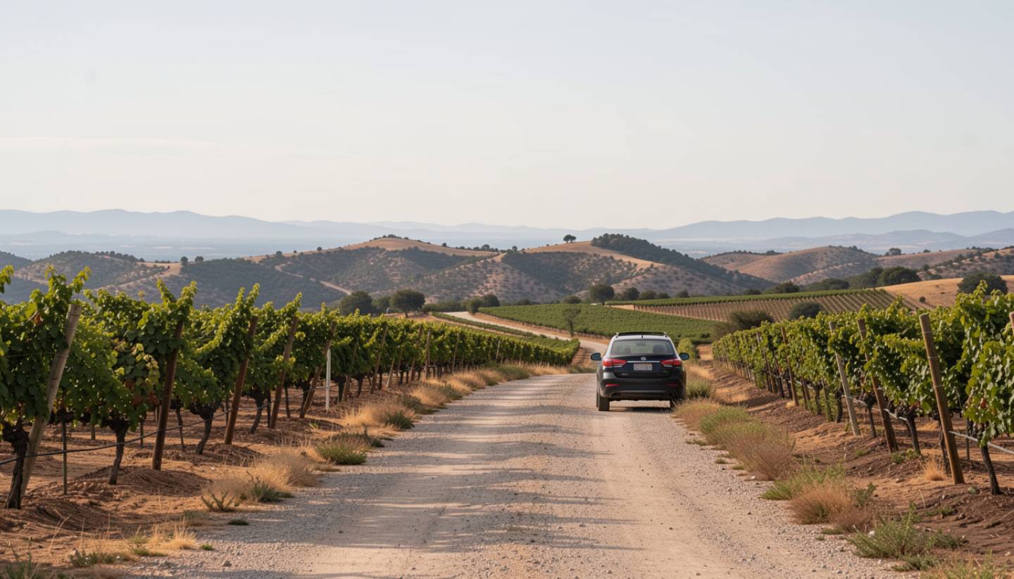 A scenic pull-off along the Silverado Trail in Napa Valley with vineyard views and hills in the distance, illustrating a relaxed road trip stop for travelers driving through the valley.