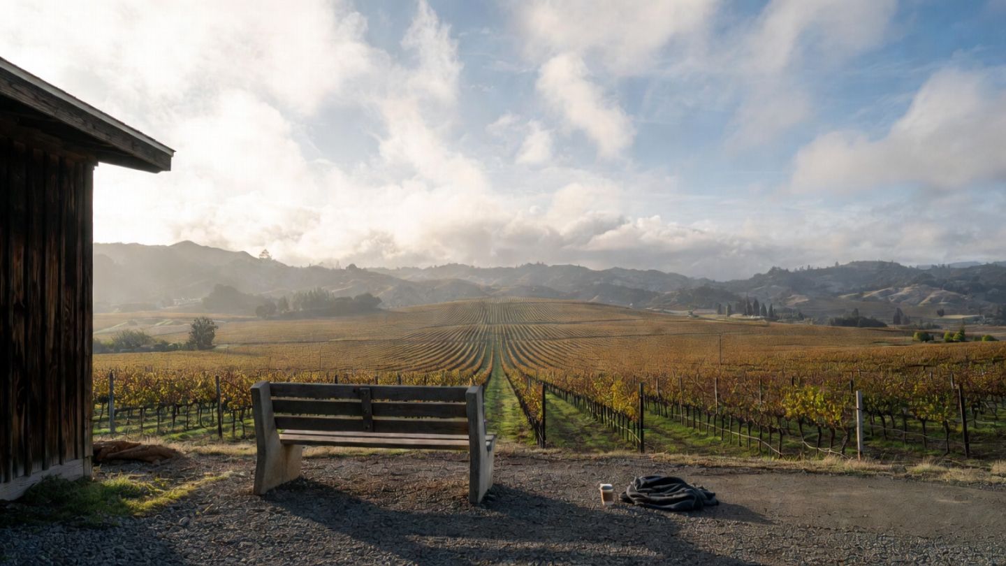 Quiet roadside vineyard view along Silverado Trail in Napa Valley with a bench facing east, capturing a peaceful morning moment before wineries open.
