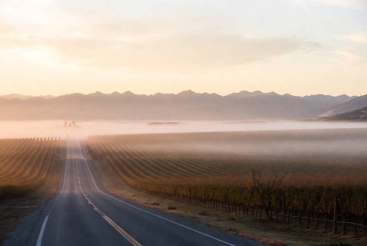 A quiet curve along Silverado Trail in Napa Valley with vineyard rows and morning fog near the Rutherford benchlands, representing a familiar place travelers return to over many years.