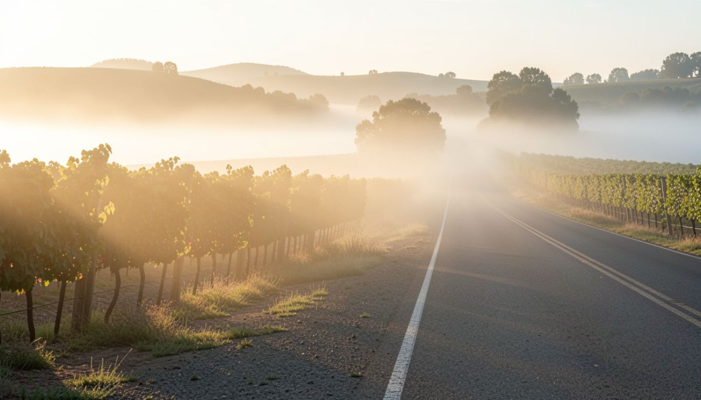 Sunrise along Silverado Trail in Rutherford Napa Valley with fog lifting over vineyard rows and an empty quiet road during early morning.