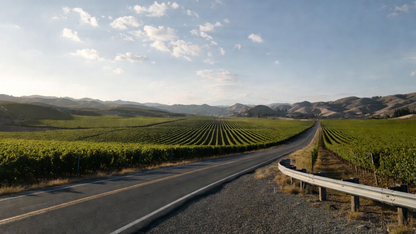Scenic view along Silverado Trail in Napa Valley with vineyards, rolling hills, and open sky, reflecting a peaceful drive for creative travelers from the Peninsula.