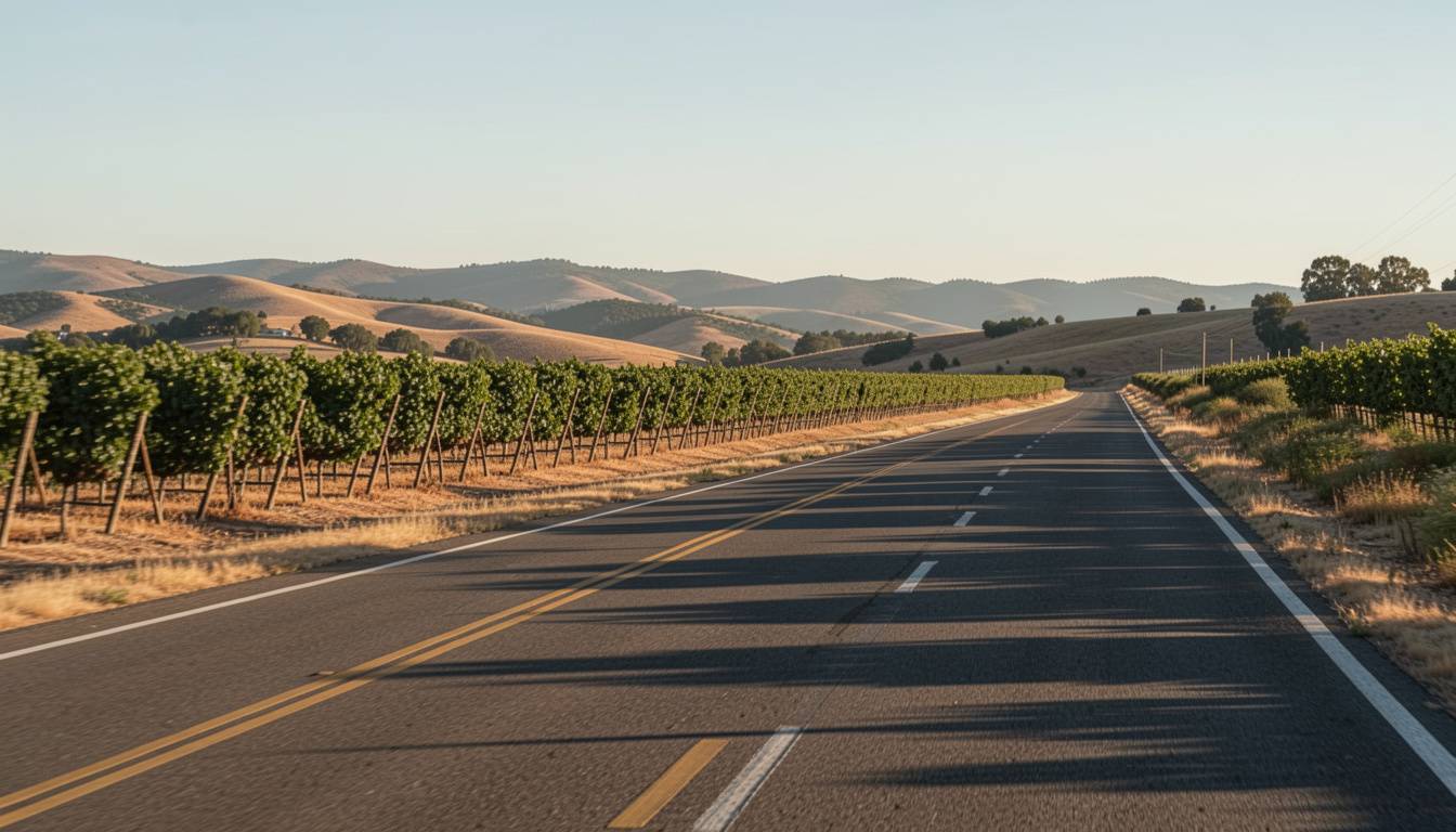 Scenic view along Silverado Trail in Napa Valley with vineyards and hills, representing a quiet drive shared by siblings reconnecting as adults.