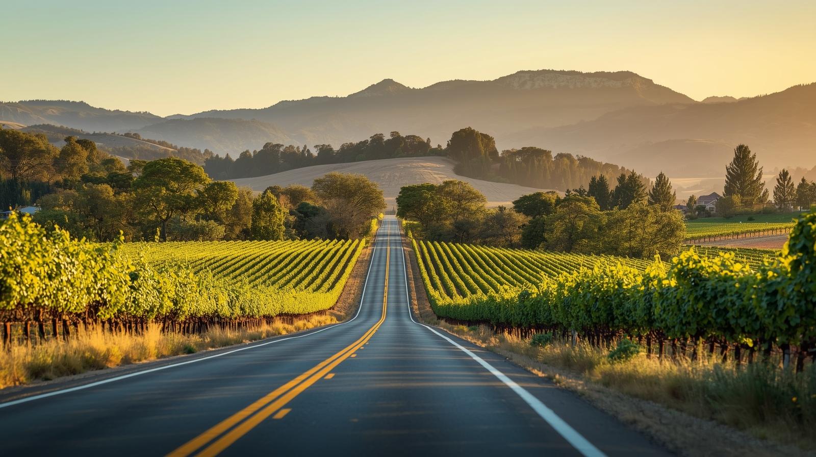 Scenic drive along Silverado Trail in Napa Valley with vineyard rows on the valley floor and the Vaca mountain range visible in the distance during early morning light.