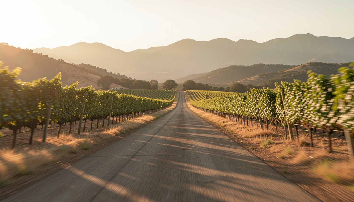 Scenic drive along Silverado Trail in Napa Valley with vineyards and mountains, offering a quieter alternative to Highway 29.