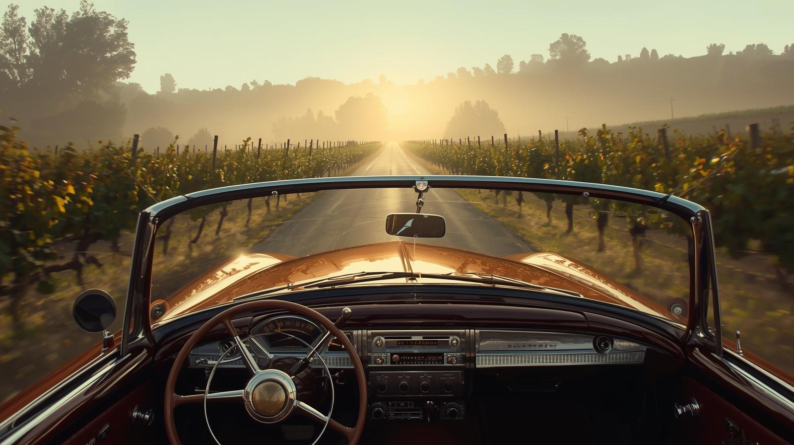 Car driving along Silverado Trail in Napa Valley at sunrise with vineyard rows and a radio dial visible, representing local Napa media and community broadcasting culture.