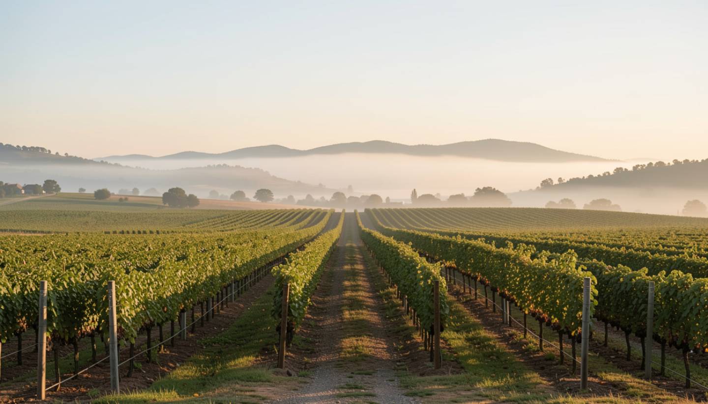 Vineyard along Silverado Trail in Napa Valley during early afternoon with fog lifting and soft golden light over the vines.