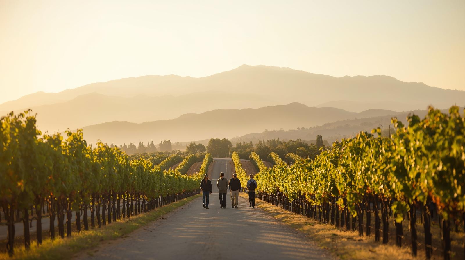 Small group walking through vineyard rows along Silverado Trail in Napa Valley before a private legacy planning meeting with mountain ranges visible in the distance.
