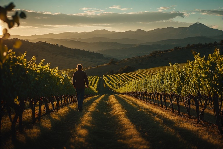 Person walking quietly beside vineyard rows along Silverado Trail at sunset in Napa Valley, symbolizing slow travel, reflection, and quiet luxury wine country experiences.