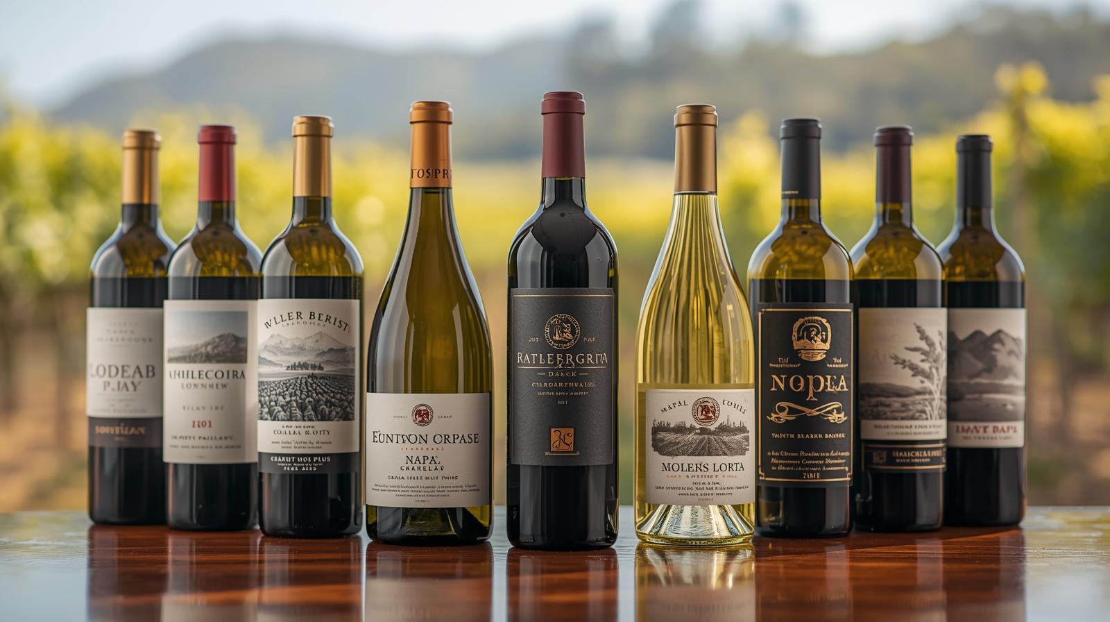 Close-up of Napa Valley wine bottles on a tasting bar along Silverado Trail, displaying varied label designs that reflect different winery branding narratives.
