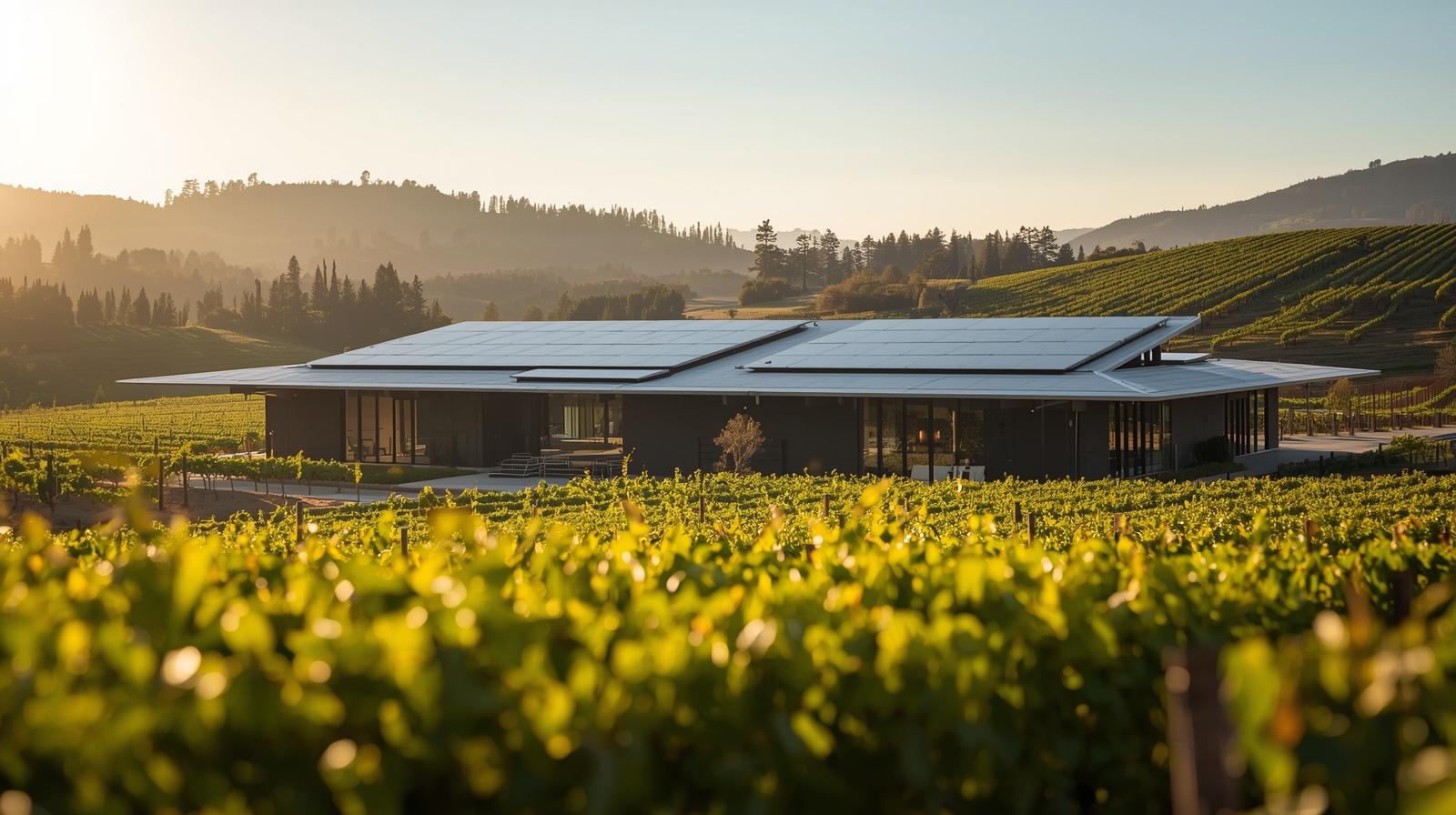 Napa Valley winery along Silverado Trail with solar panels integrated into roof and vineyard rows in foreground, demonstrating sustainable investment and environmental stewardship.
