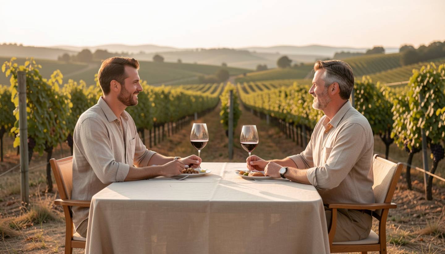 Simple outdoor wine tasting table in Napa Valley with two glasses and vineyard views, representing a minimalist approach to wine travel focused on presence and connection.