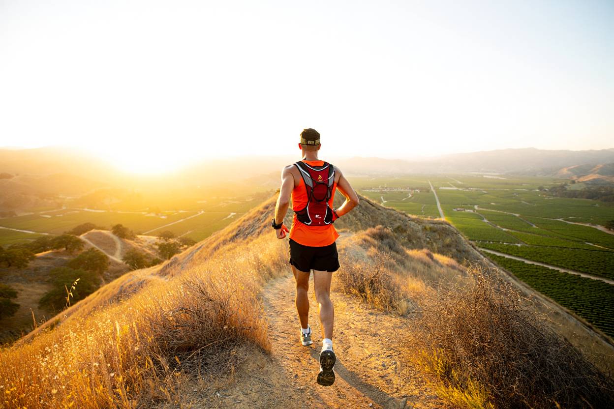 Trail runner on a ridge at Skyline Wilderness Park in Napa Valley with panoramic vineyard views in early morning light.