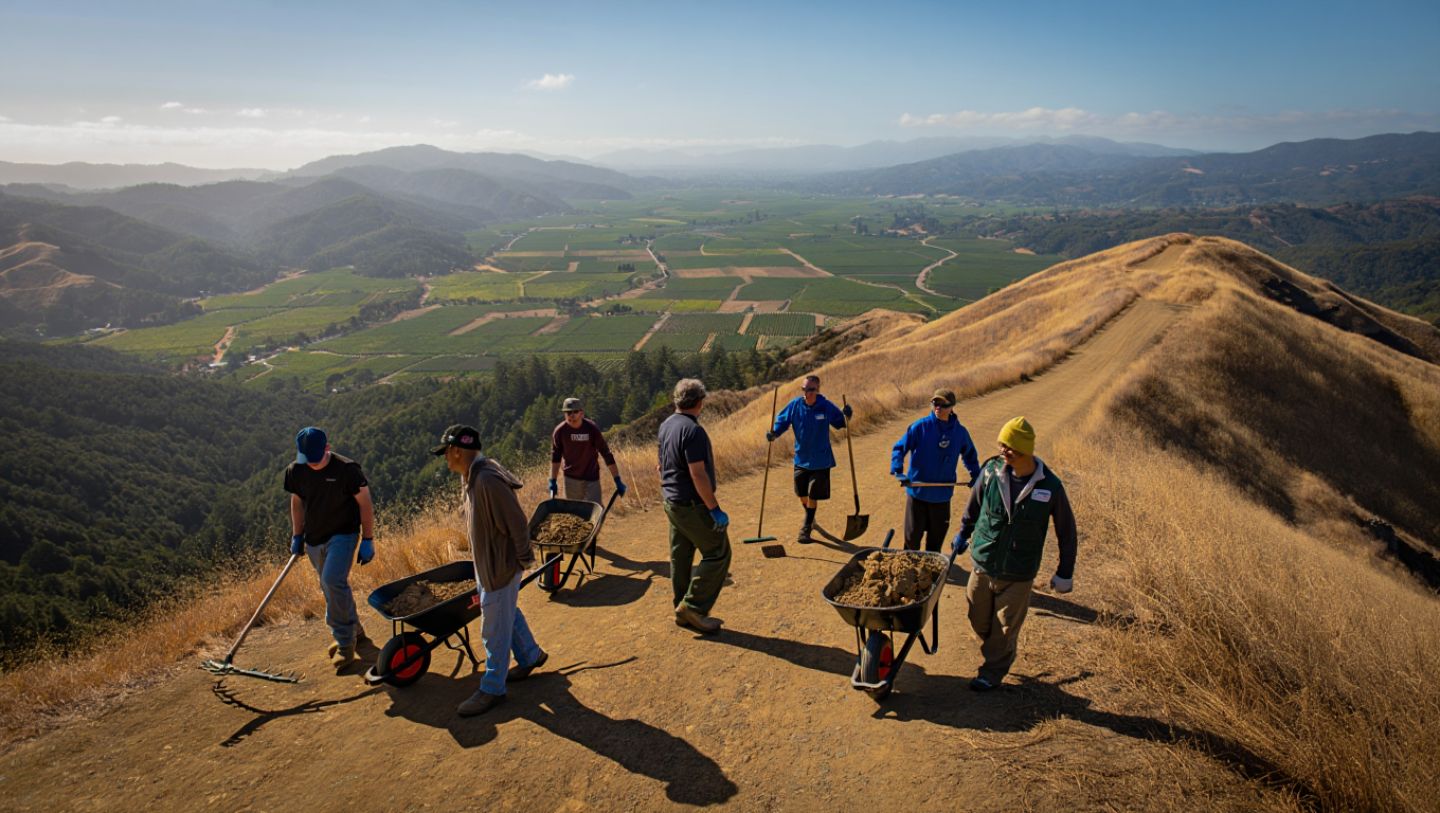 Volunteers repairing a hiking trail at Skyline Wilderness Park with Napa Valley hills and vineyards visible in the background.