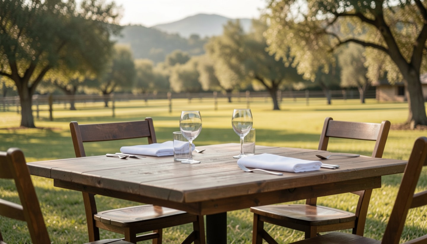 An outdoor table at a Napa Valley estate with afternoon light and vineyard views, suggesting long lunches, extended stays, and slow living in wine country.
