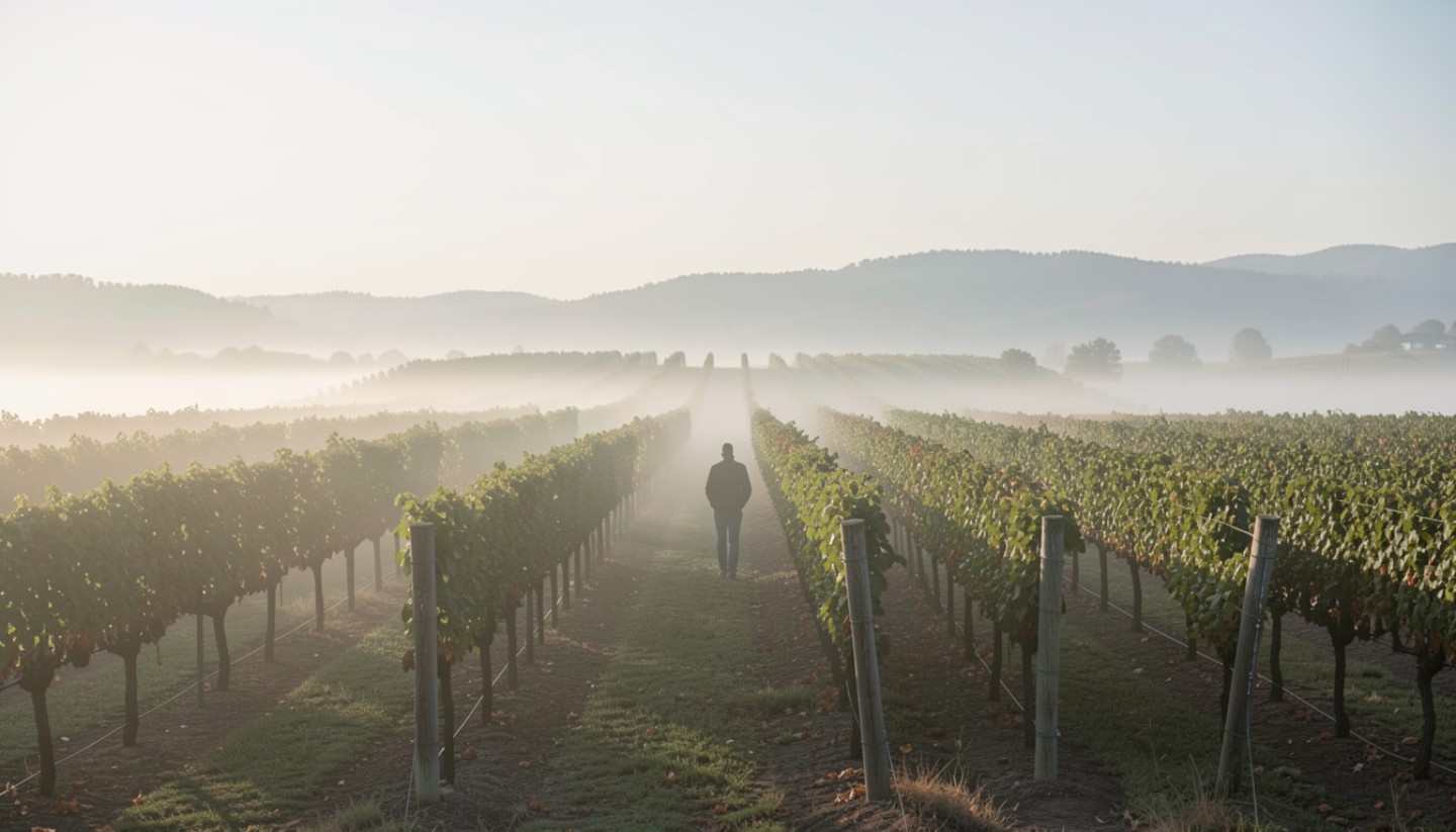 Morning fog drifting over vineyard rows in Rutherford, Napa Valley, showing a quiet agricultural landscape that reflects slow travel and intentional living