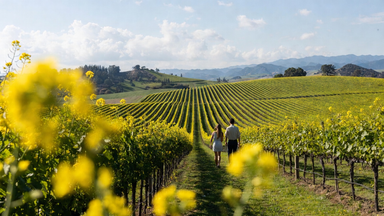  Couple walking through Napa Valley vineyards along Silverado Trail during mustard season as part of a sober travel wine country experience.
