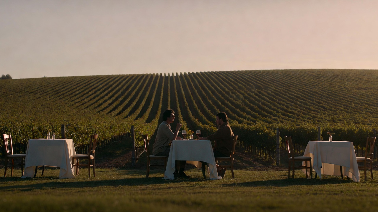 Two people seated at a quiet outdoor vineyard tasting table in St. Helena Napa Valley during late afternoon light as part of a low pressure social reset trip.