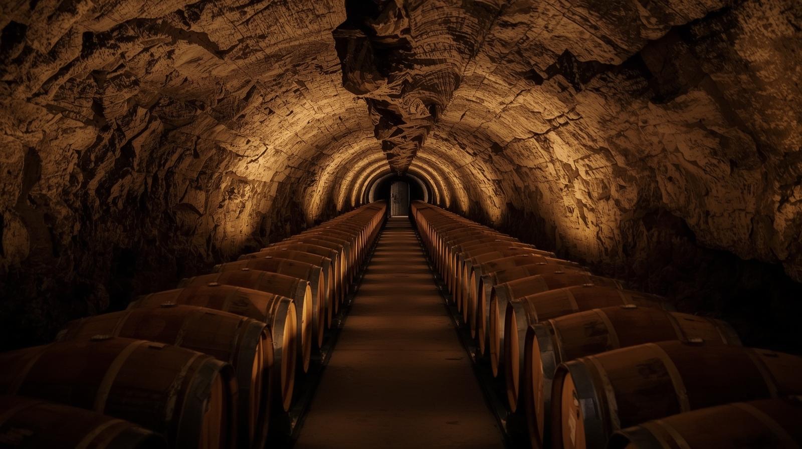 Barrel aging cave carved into volcanic rock on Spring Mountain Napa Valley, demonstrating hillside winery construction and natural temperature control engineering.
