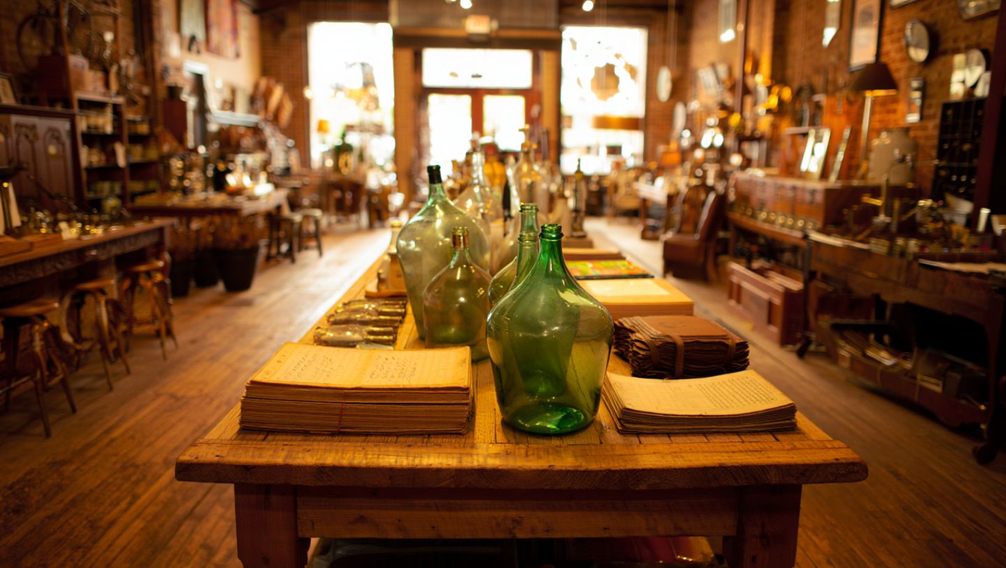 Sunlit antique shop in St. Helena Napa Valley featuring reclaimed oak farmhouse table, vintage demijohn bottles, and handwritten vineyard ledgers in warm afternoon light.