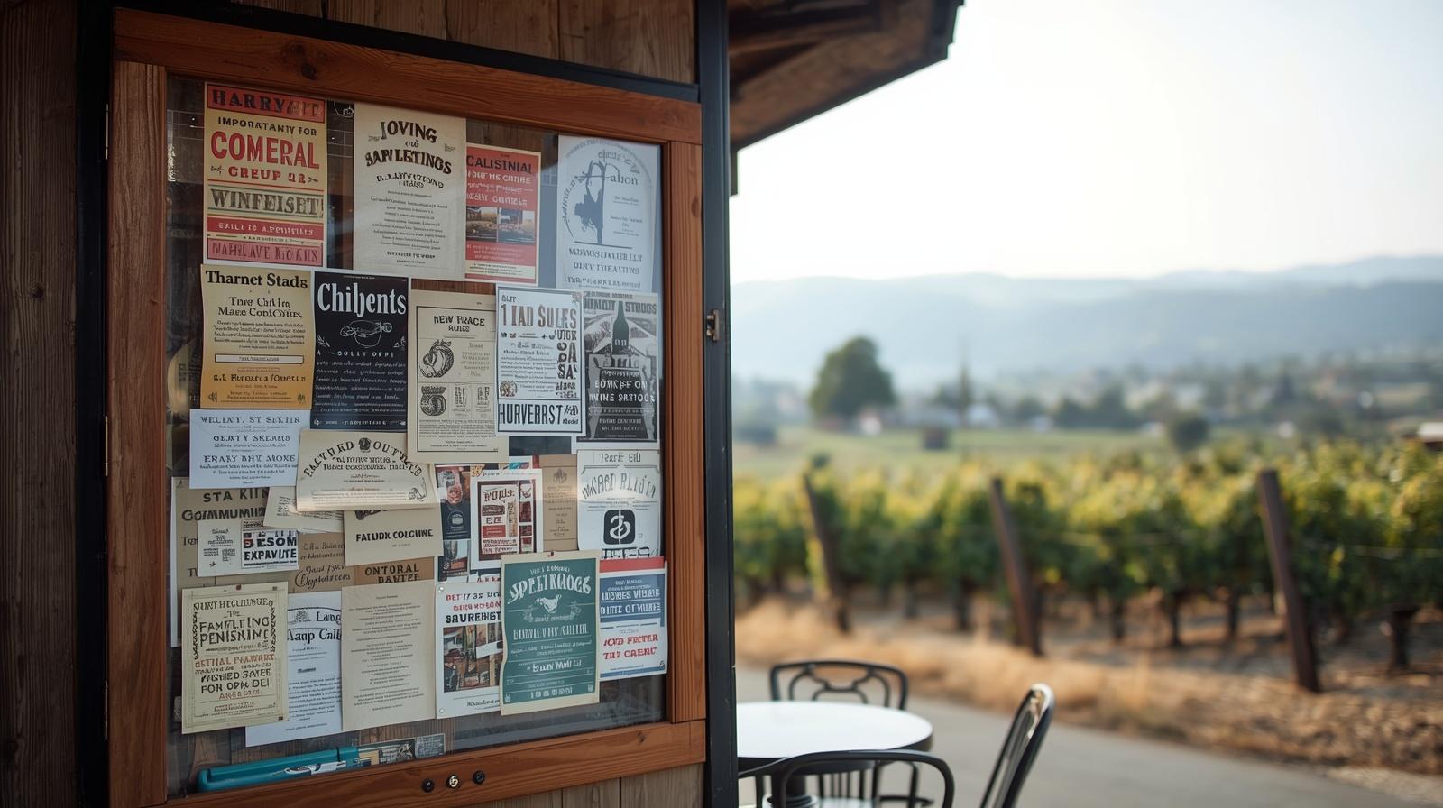 Community bulletin board outside a café in St. Helena Napa Valley with flyers for local events and harvest announcements, illustrating grassroots Napa media culture.
