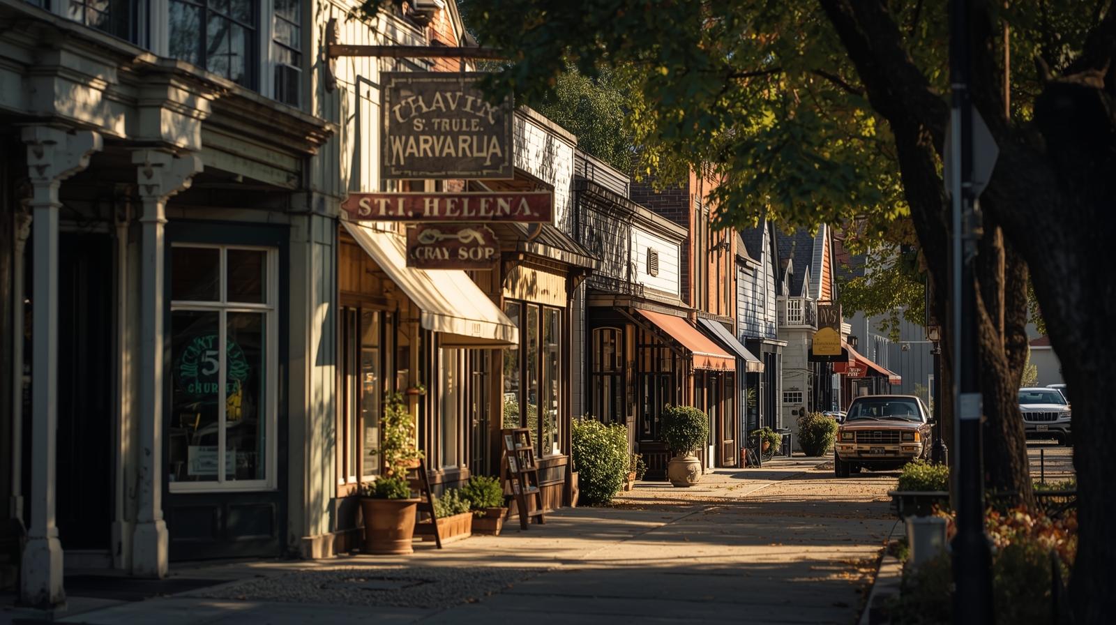 Downtown St. Helena Napa Valley main street with locally owned shops and minimal chain retail signage reflecting small town governance policies.
