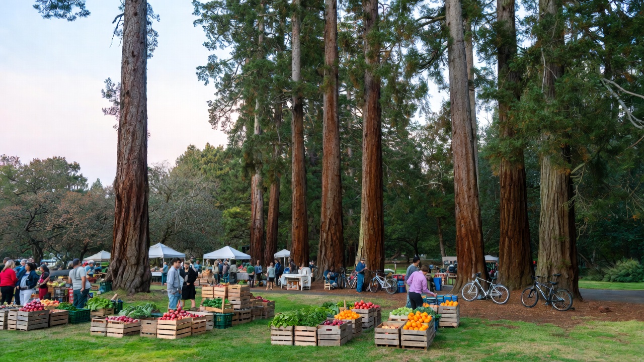 The St Helena Farmers Market at Crane Park in Napa Valley with local vendors, early morning shoppers, and redwood trees, highlighting community focused travel.
