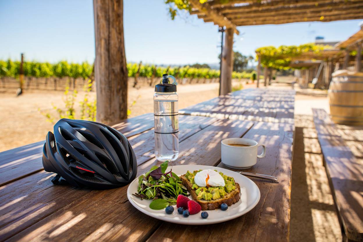Healthy breakfast and coffee on a vineyard patio in St. Helena after cycling in Napa Valley with helmet and water bottle nearby.