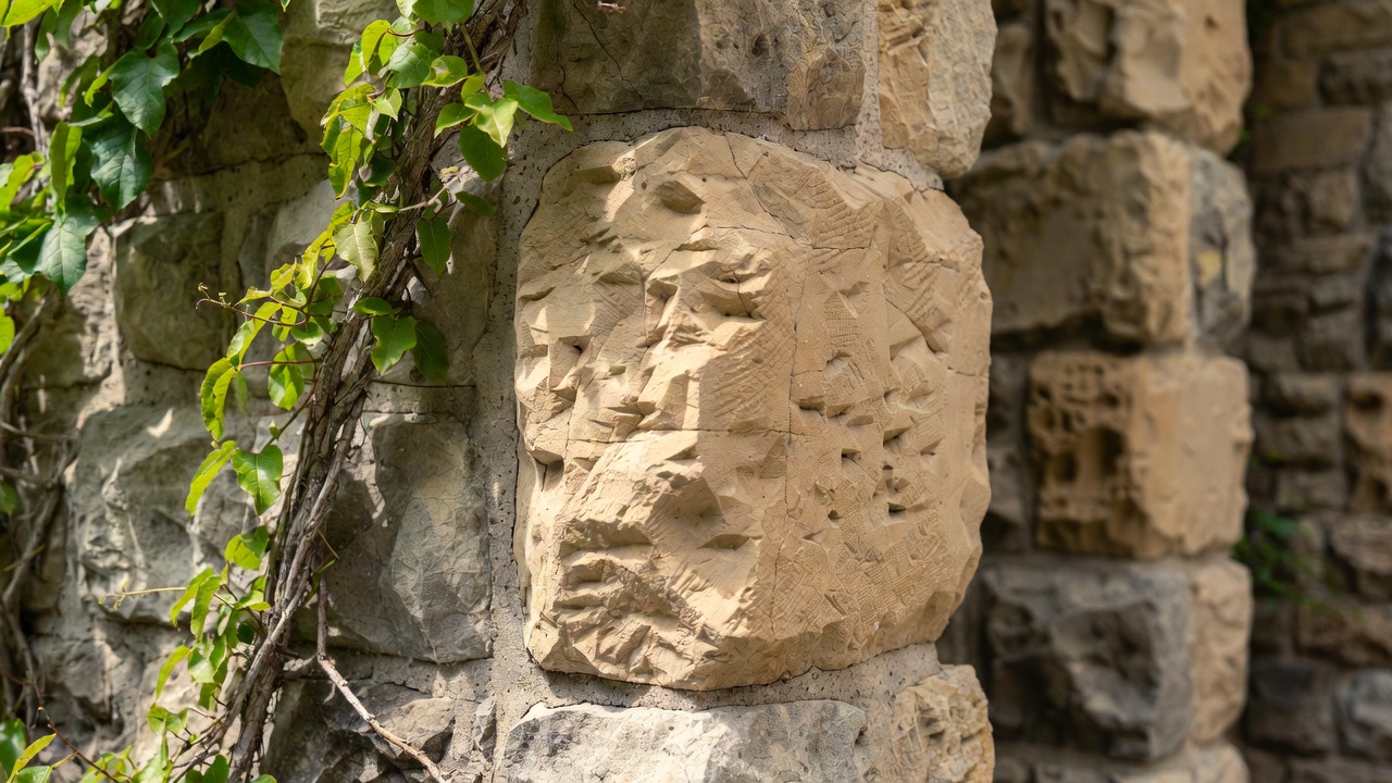 Close-up of hand-chiseled 19th-century tufa stone masonry at the Culinary Institute of America at Greystone in St. Helena, Napa Valley.