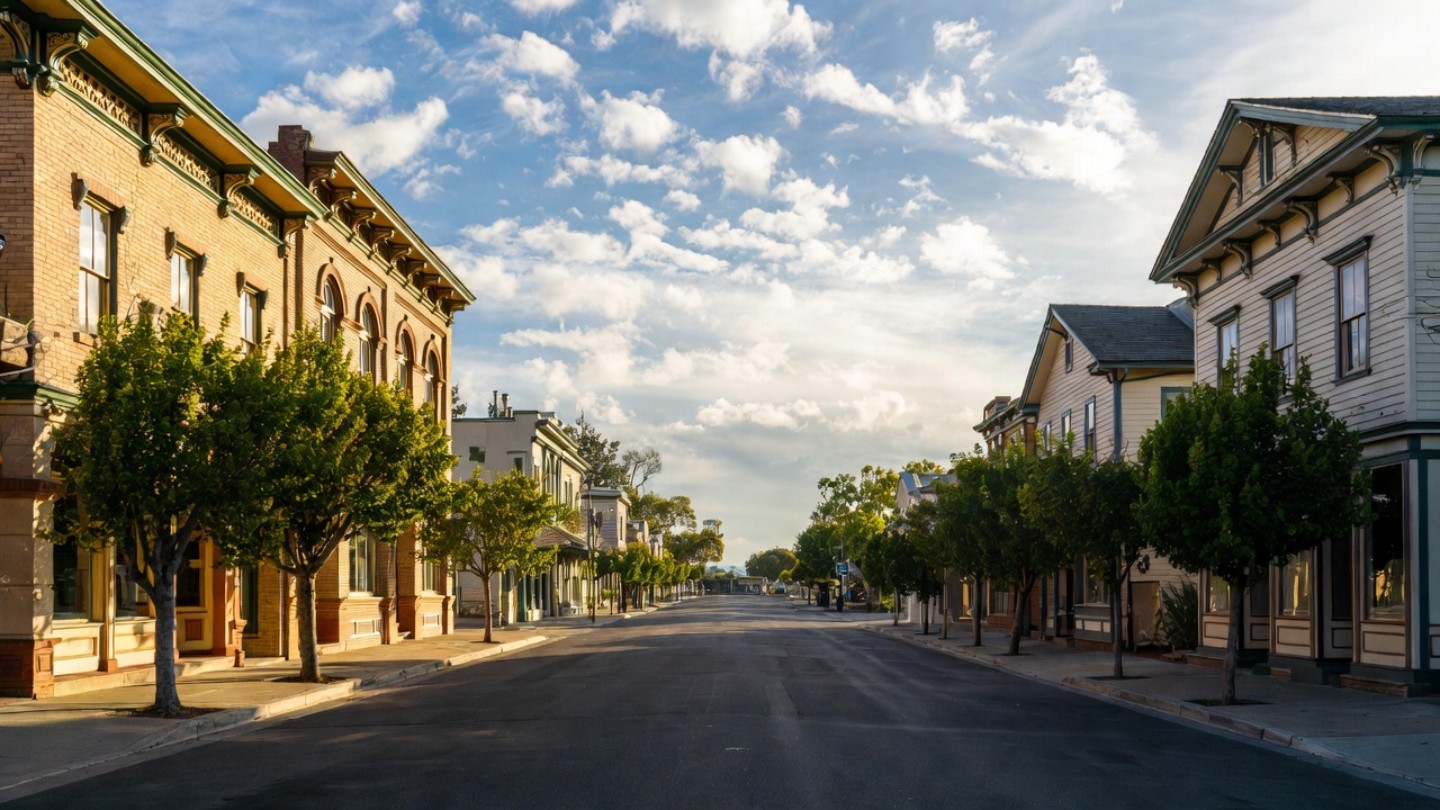 Historic street in St. Helena Napa Valley lined with preserved 19th century buildings, illustrating the walkable town areas where many historic inns are located.