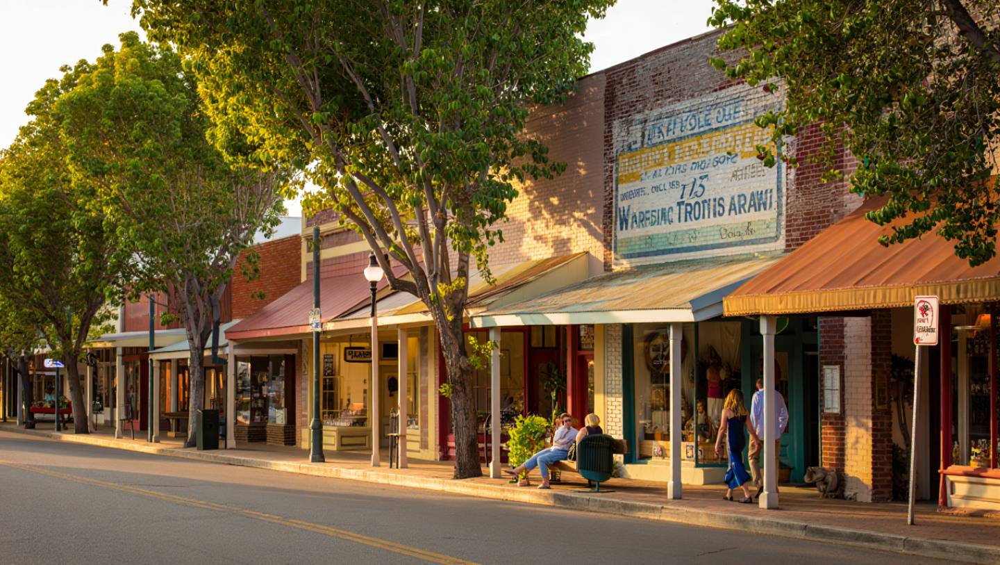 Historic Main Street in St. Helena Napa Valley with antique shops and walkable storefronts, ideal for vintage shopping and slow travel.
