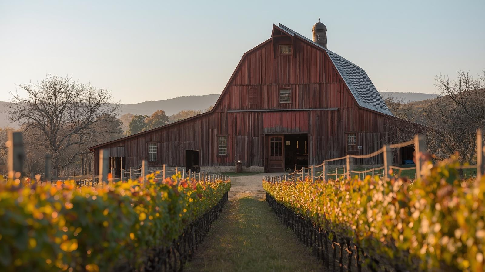 Historic redwood barn and vineyard rows in St. Helena Napa Valley, illustrating agricultural heritage and multi-generational winery operations.
