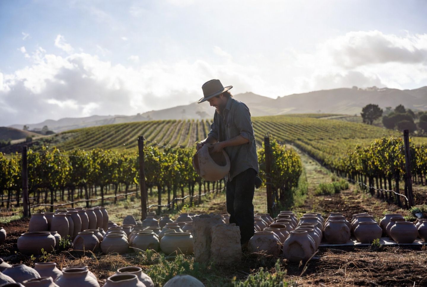 Ceramic artist arranging handmade pottery in St. Helena Napa Valley with vineyard landscape and Mayacamas hills in the background.