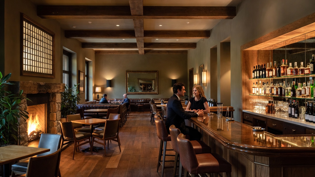 The interior of a luxury hotel lounge in St. Helena, Napa Valley, featuring a glowing fireplace, architectural lighting, and guests enjoying cocktails at an intimate bar counter.