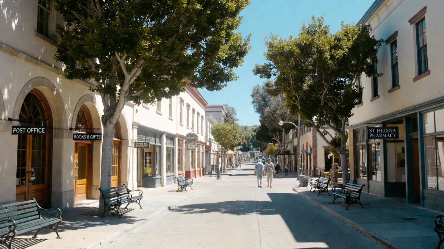 Main Street in St Helena, Napa Valley, showing shaded sidewalks and historic buildings that make the town easy to explore on foot.
