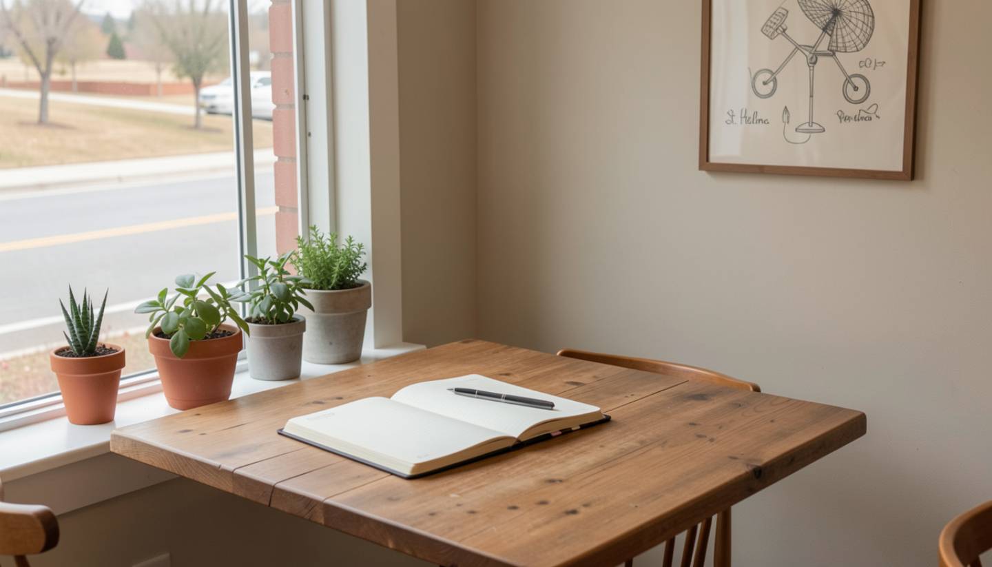 Interior of a quiet cafe in St. Helena Napa Valley with an open notebook on a wooden table, ideal for focused writing and creative work.