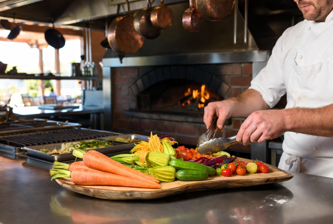 Chef plating wood fired seasonal vegetables in a St. Helena Napa Valley restaurant highlighting farm to table plant forward cuisine.