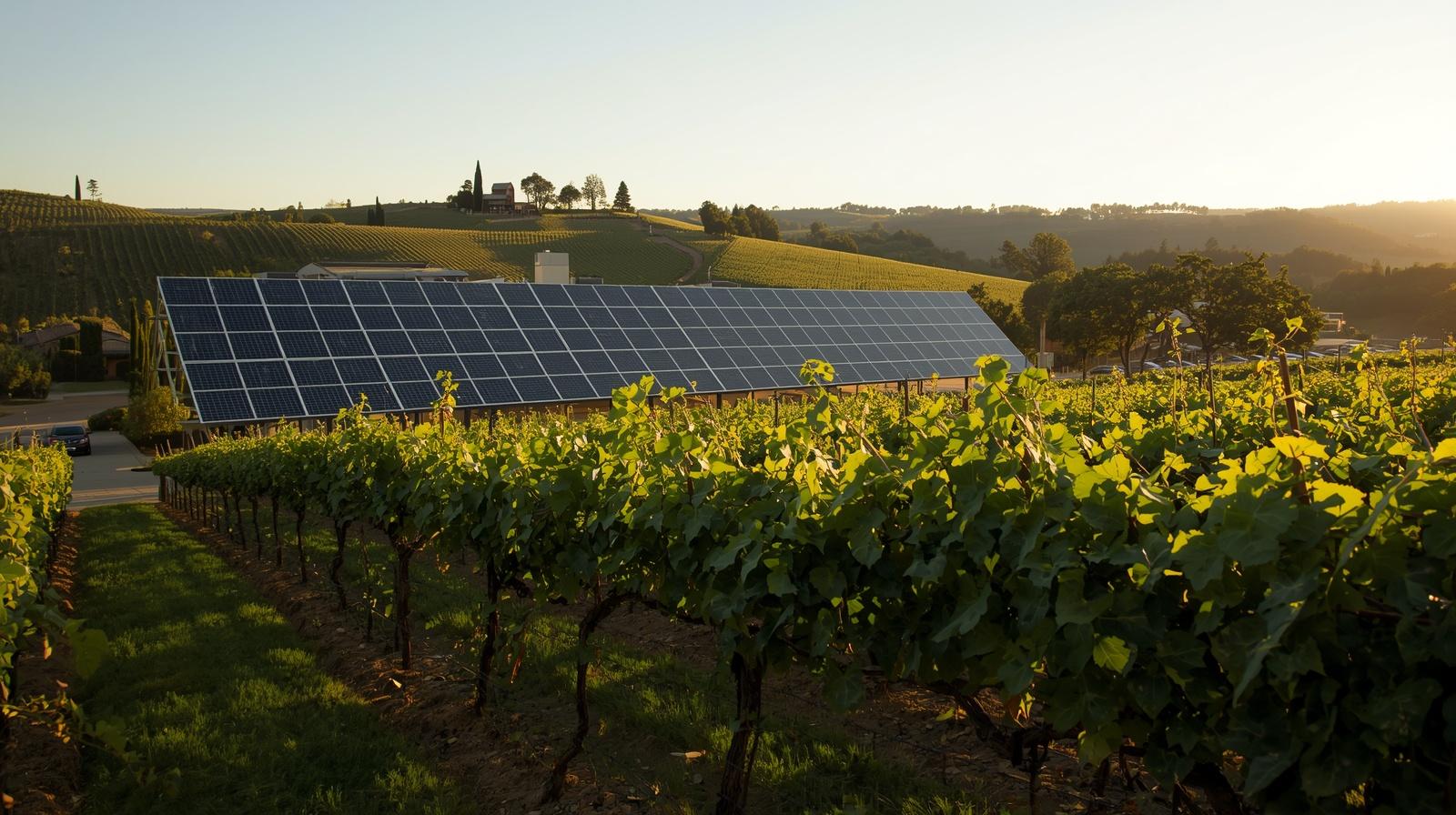 Solar panels installed behind a vineyard estate in St. Helena Napa Valley, demonstrating renewable energy use within a working winery landscape.
