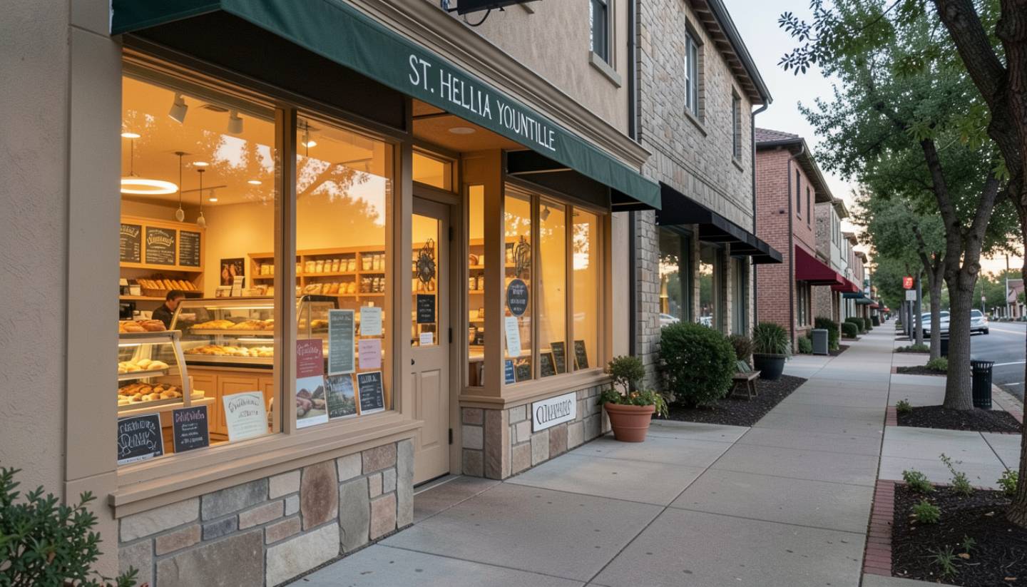 Bakery storefront in Napa Valley during late morning with warm light and a quiet street, reflecting a relaxed brunch start.
