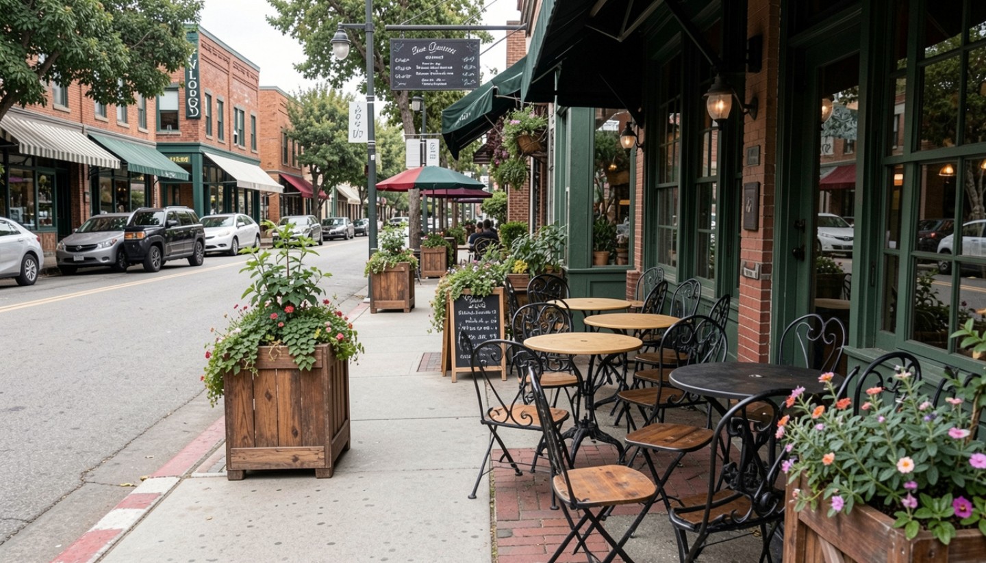 Quiet street scene in St. Helena in Napa Valley, representing everyday life, familiarity, and building a sense of belonging for new California residents.