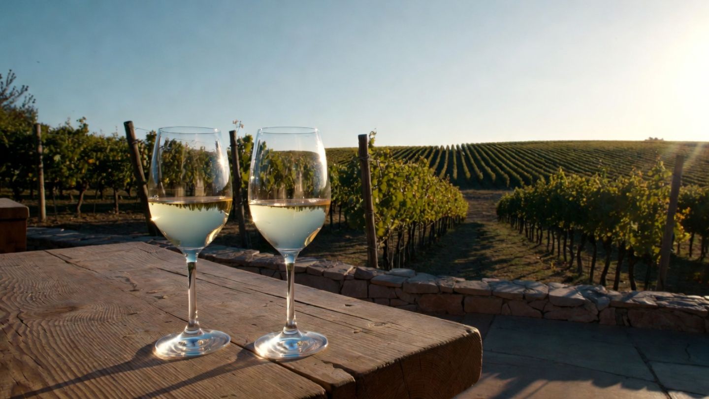 Late afternoon wine tasting on a west facing terrace along Silverado Trail in Napa Valley, with vineyard rows and warm sunset light in the background.