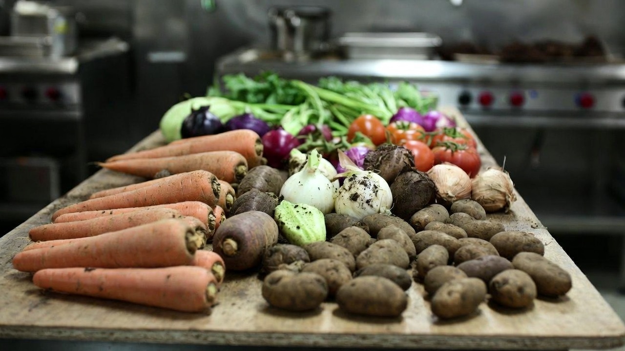 Freshly harvested Napa Valley produce on a prep table outside a kitchen, showing short supply chains and direct farm to kitchen food systems.
