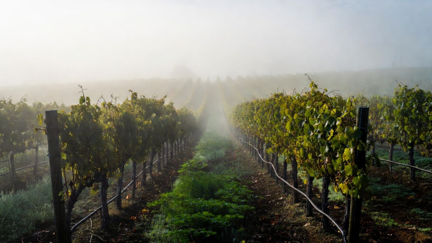 Early morning view of a Napa Valley vineyard with cover crops and fog lifting, illustrating sustainable and regenerative farming practices near Rutherford.
