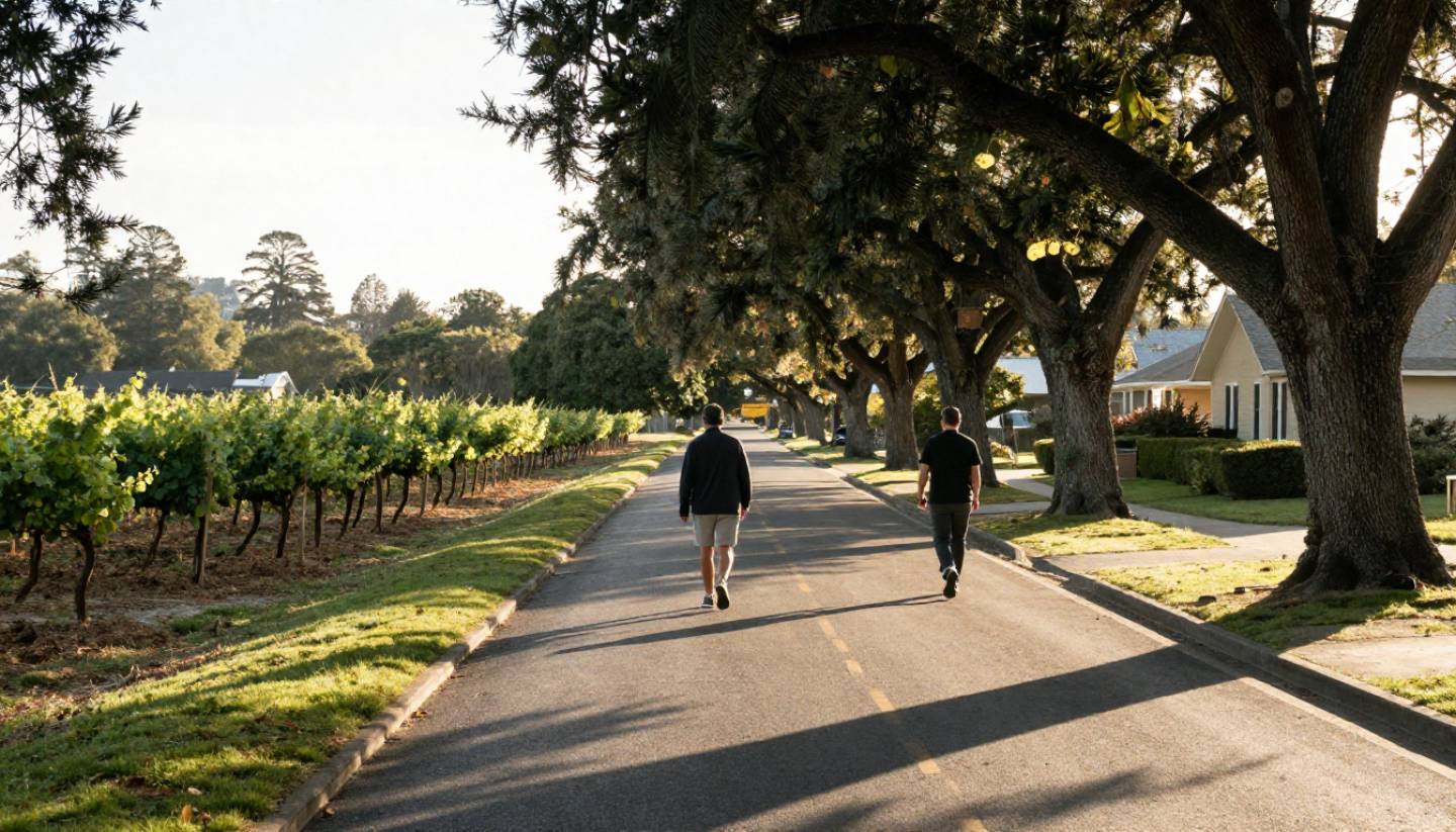 People walking slowly along a quiet street in Yountville, Napa Valley during golden hour, highlighting walkable towns and a calm, minimalist travel pace.