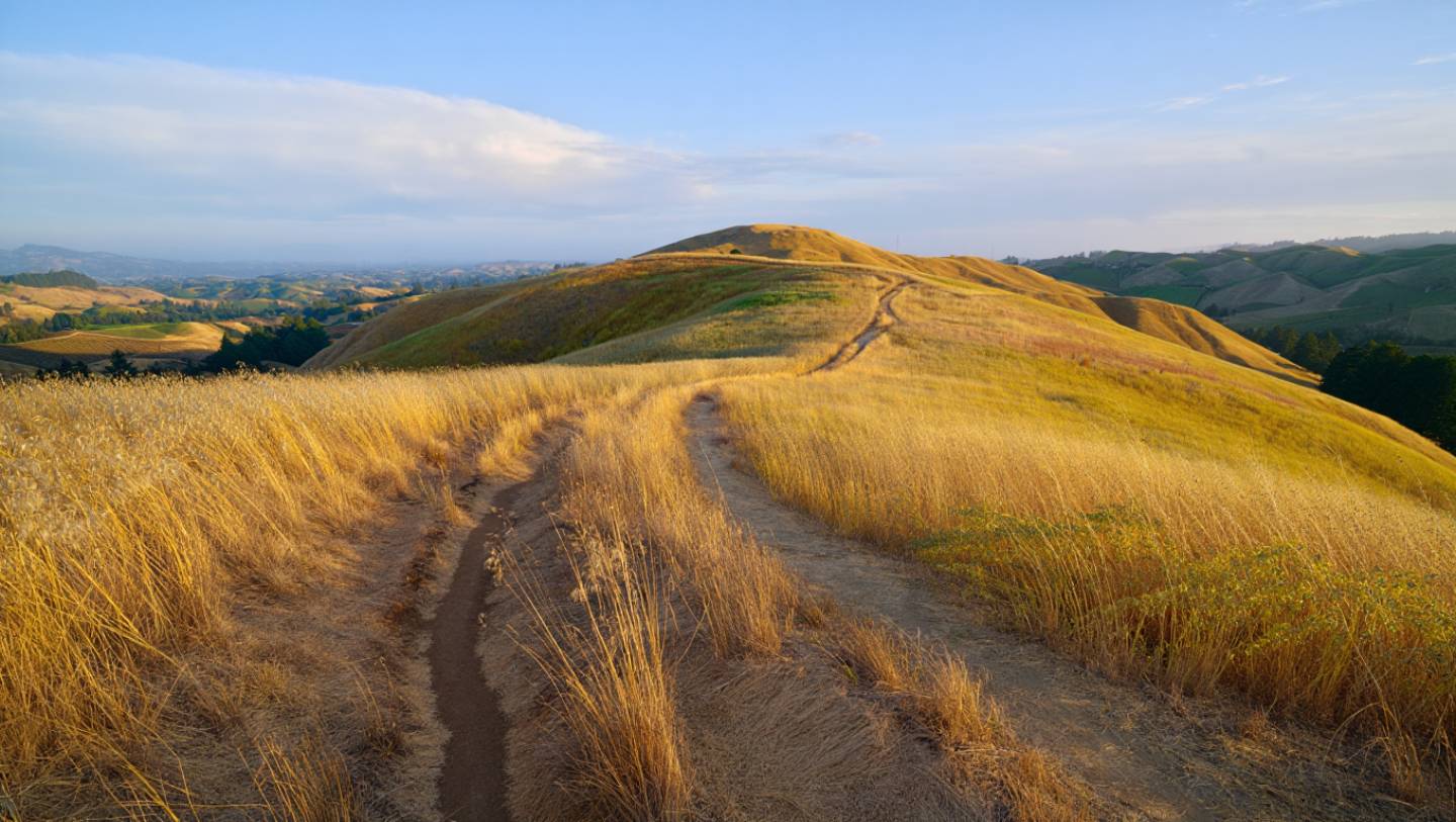 Morning hiking trail in Westwood Hills Park in Napa Valley with hillside views and soft early light.