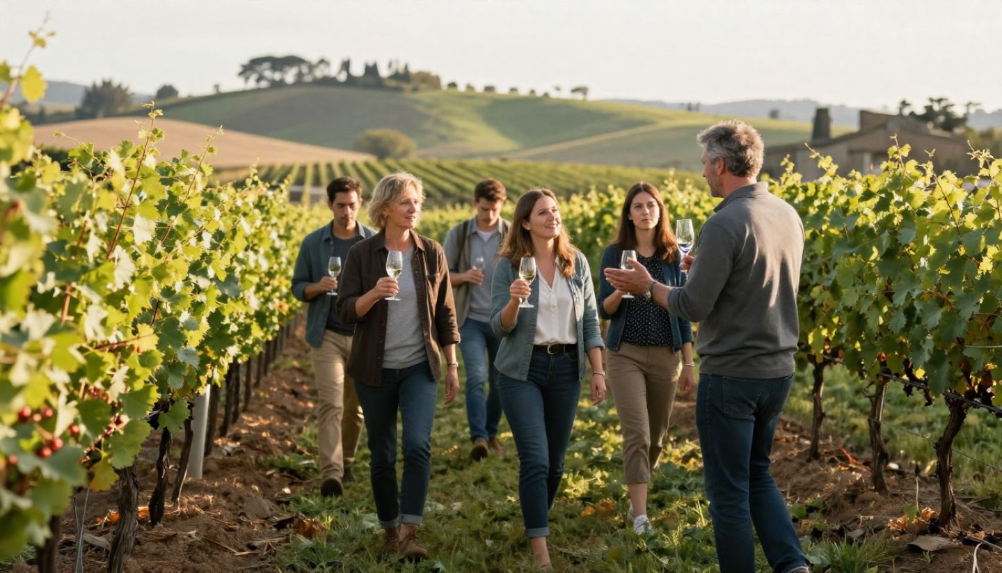 Small group learning about vineyard soils during a guided walk through Napa Valley vines in Rutherford, focused on wine education rather than tasting.
