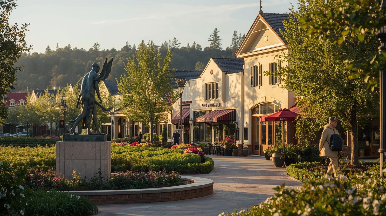 Outdoor sculpture displayed along Washington Street in Yountville, Napa Valley, surrounded by landscaped gardens and boutique hospitality buildings, representing public art in wine country.
