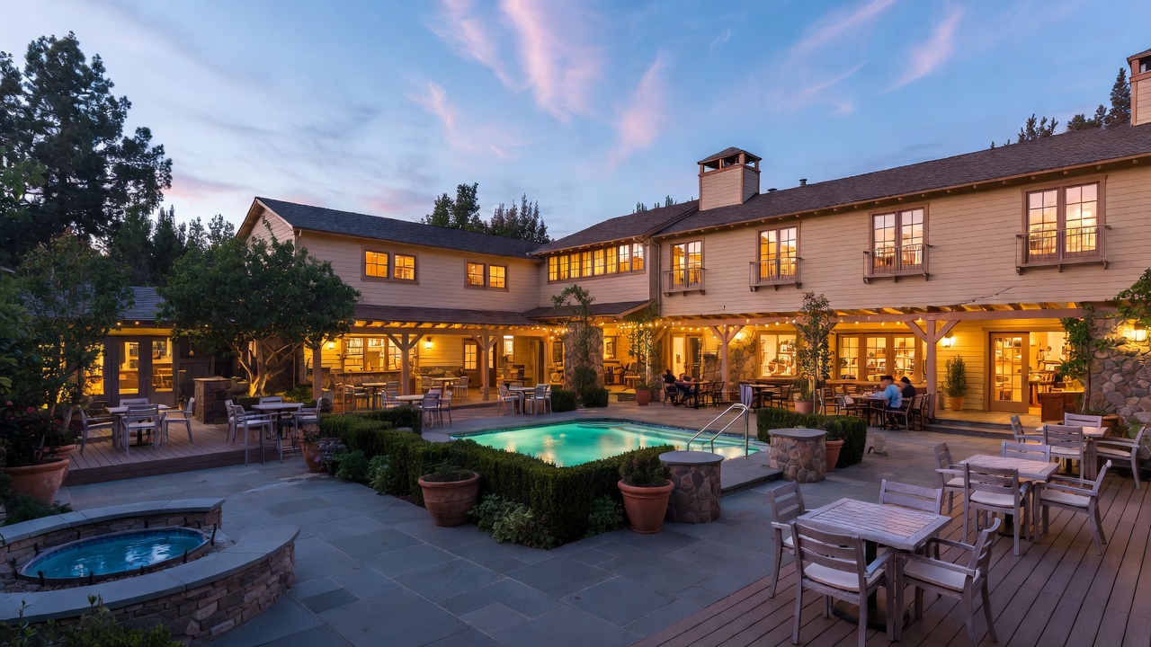 Quiet courtyard at a boutique hotel in Yountville Napa Valley during early evening with soft lighting and minimal guests.
