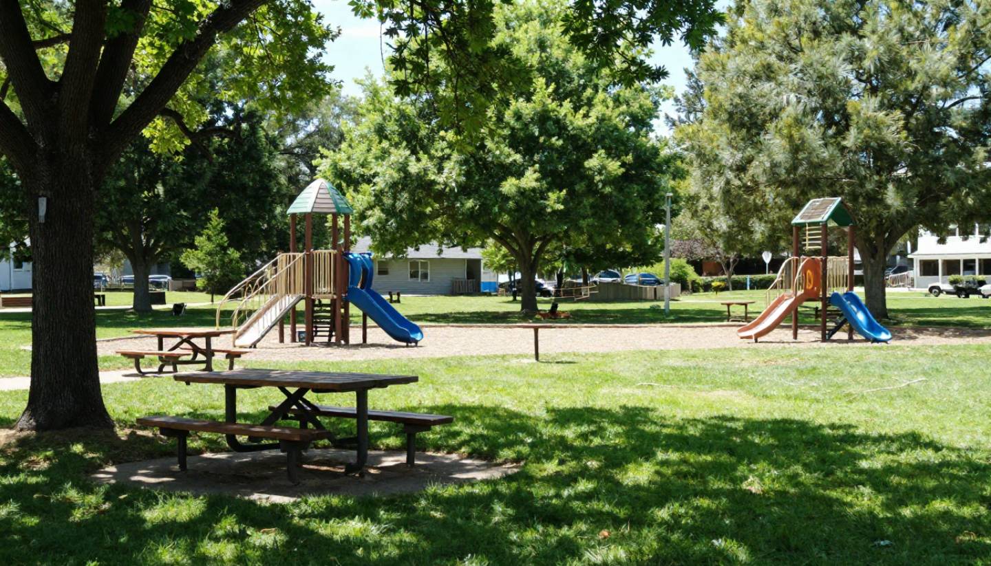 Families picnicking and children playing at Yountville Community Park in Napa Valley, a walkable park with open lawns, shade trees, and nearby town access ideal for family visits.